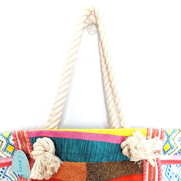 Casey Key Beaded Cotton Boho Bright Rainbow Multicolor Rope Tote Bag Purse - Picture 8 of 12